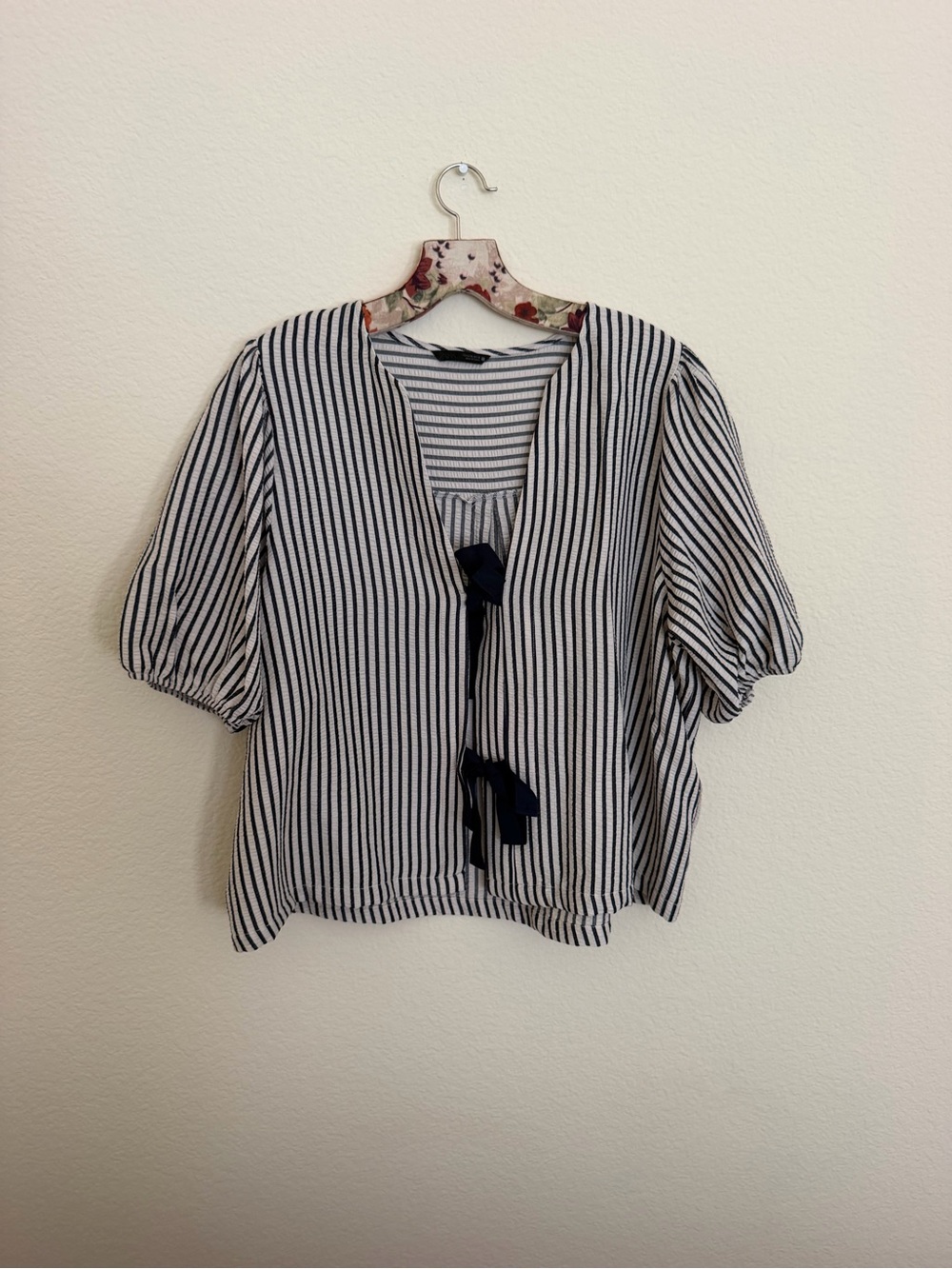 Zara Navy & White Striped Tie-Front Puff Sleeve Blouse